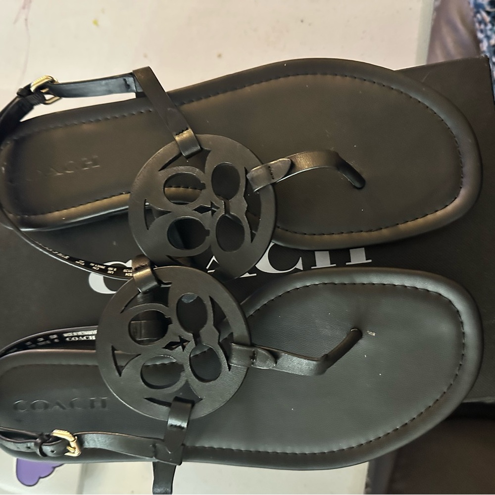 Coach Black Leather Logo Sandals – Size 9.5 – Original Box